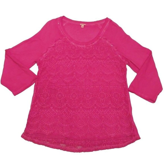 Reba Hot Pink Lace Overlay T-shirt Tunic Scoop Bottom Button Sleeves Sz M - Picture 1 of 9